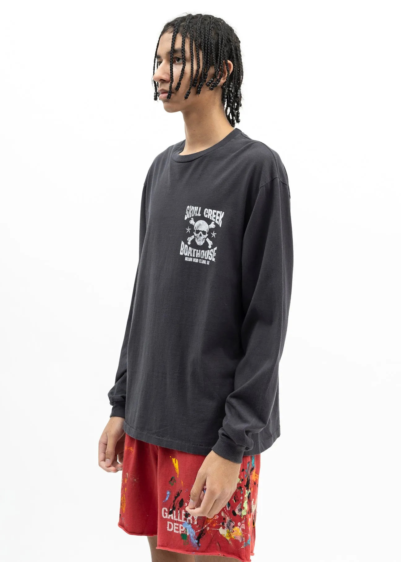 GALLERY DEPT. SKULL CREEK L/S TEE/BLK Glitter skull surf long sleeves, washed black S-XL, genuine development, correct version, garment dyed, washed and distressed, printing has a full sense of distress